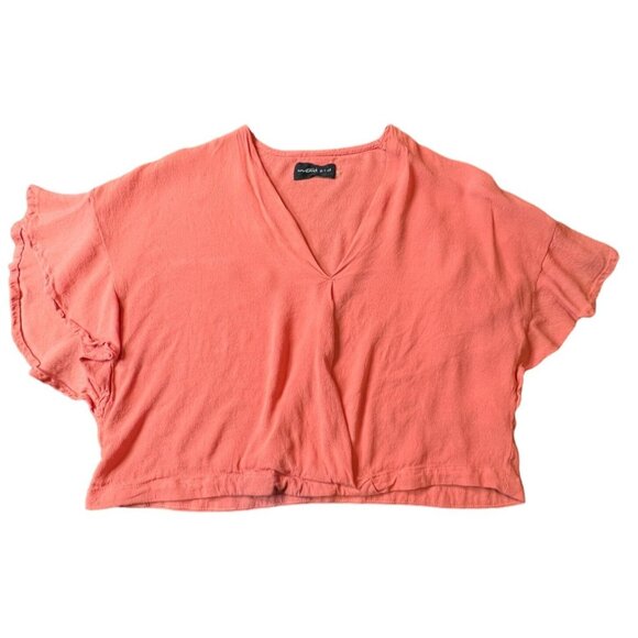 Mustard Seed Coral Ruffle Sleeve V-Neck Crop Top S Boho Festival - Picture 2 of 6